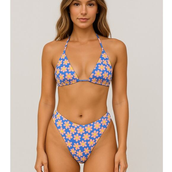 New Medium Floral Daisy Blue Print Triangle Bikini Halter Triangle Swimsuit Y2k - Picture 1 of 4